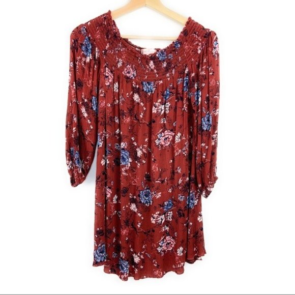 Band of Gypsies Rust Orange Floral Off the Shoulder Mini Dress - Picture 2 of 6